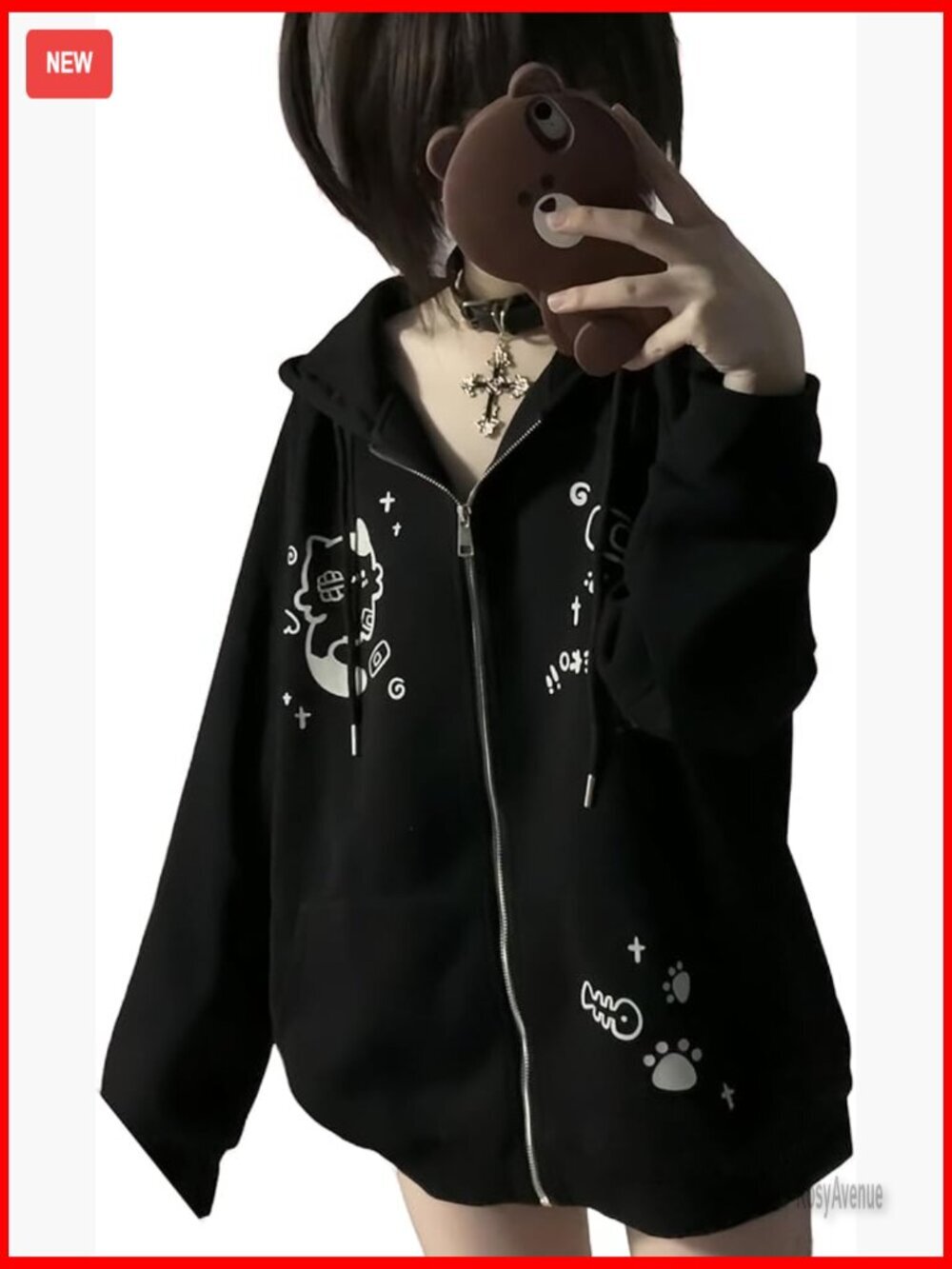 Y2K Zip Up Cat Ears Hoodie Cute Cartoon Oversize Streetwear Jacket